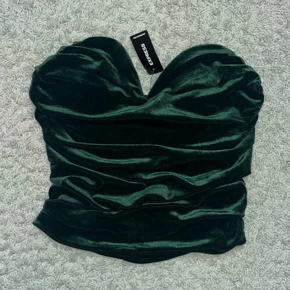 🆕 NWT Express Bodycon Forest Green Velvet Cowl Neck Corset Top in Womens size S - Picture 1 of 7